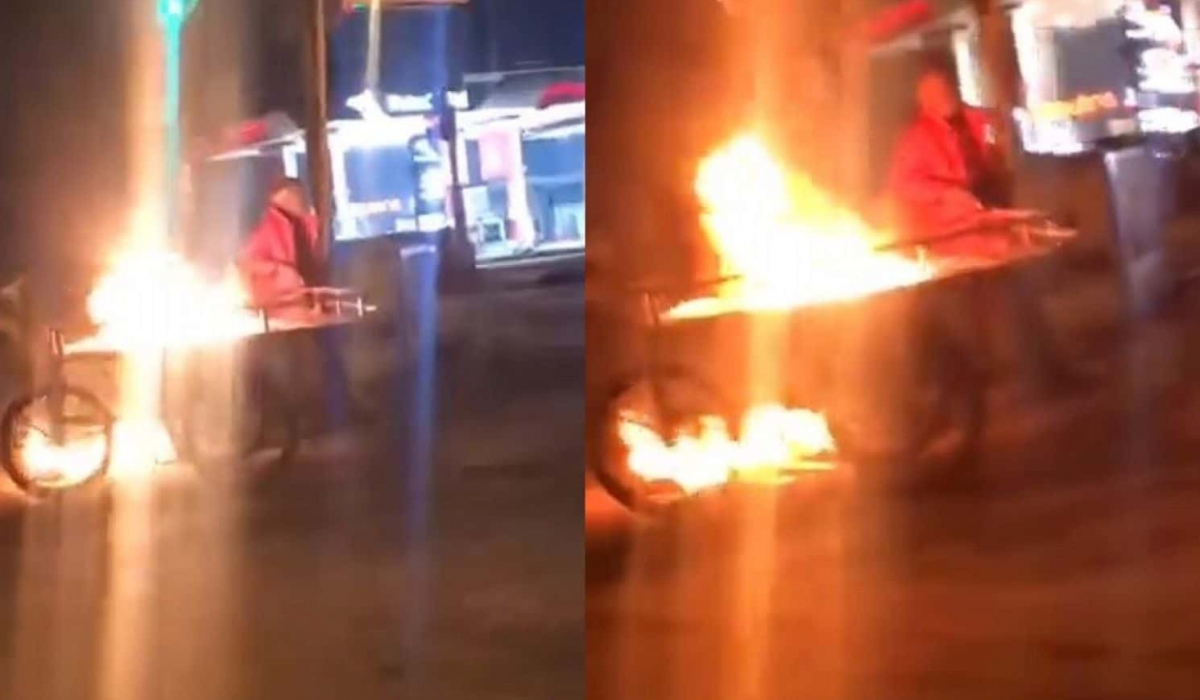 Alkollü şahıs ekmek teknesini ateşe verip başında oturdu