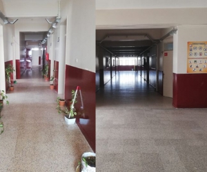 O okulun koridorları artık bordo beyaz