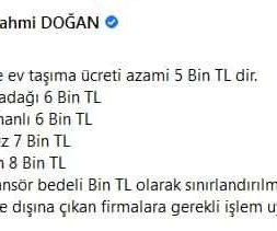 Hatay’da ev taşıma ücretine azami sınır getirildi