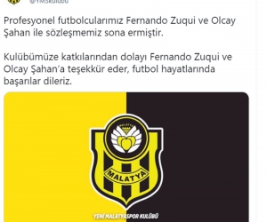 Yeni Malatyaspor’dan Olcay Şahan ve Zuqui’ye teşekkür