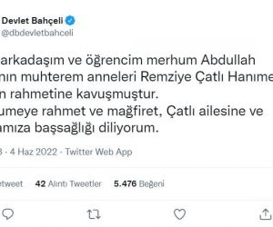 MHP lideri Bahçeli’den, Remziye Çatlı’nın vefatı dolayısıyla başsağlığı mesajı