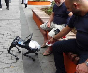 Sokakta gezen robot köpeğe vatandaştan simit-çay ikramı