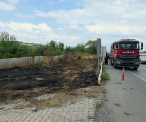 İnegöl’de yol kenarında otlar alev aldı